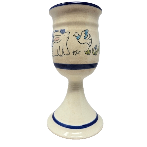 Studio Pottery Goblet Candle Holder Off White Blue Bunny Love Bird Nature Art - Picture 1 of 10